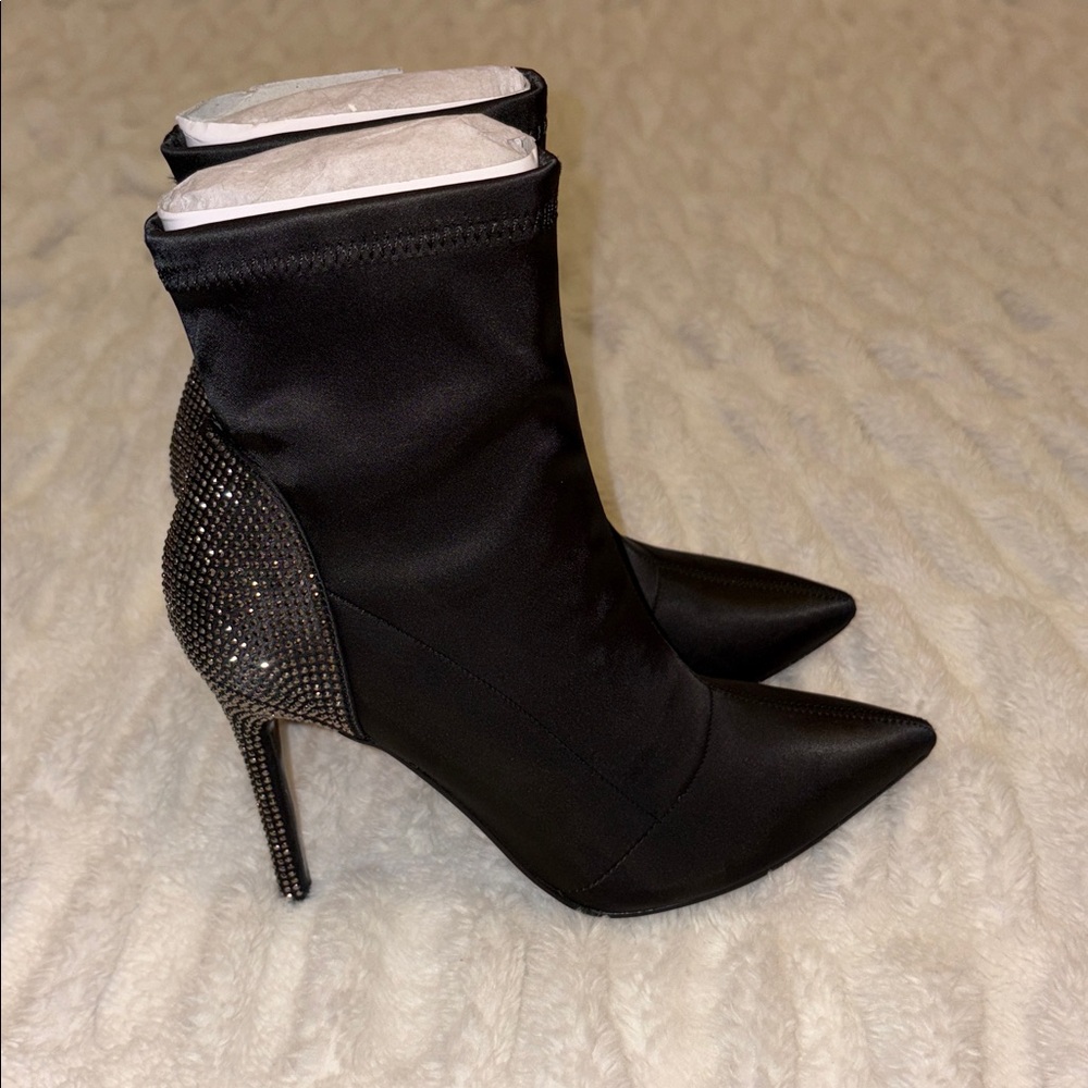 Lauren Lorraine Black Heeled Boots with Silver rhinestone Accents